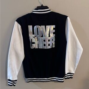 Just Hoods Varsity Jacket LOVE CHEER Glitter Back Black White Size M